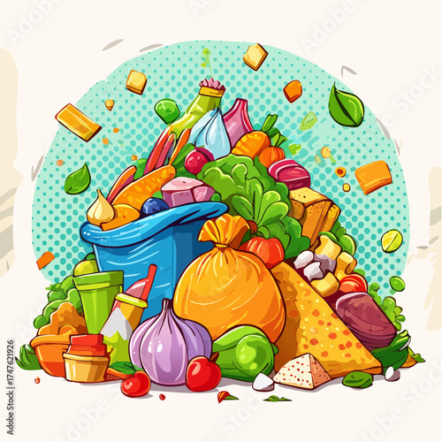 garbage pile with colorful plastic and food waste. Concept of pollution recycling