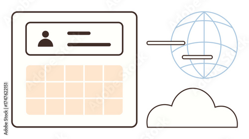 User profile card with account details above a calendar grid, globe representing global internet access, and a cloud symbol. Ideal for data management, networking, cloud storage, organization, global