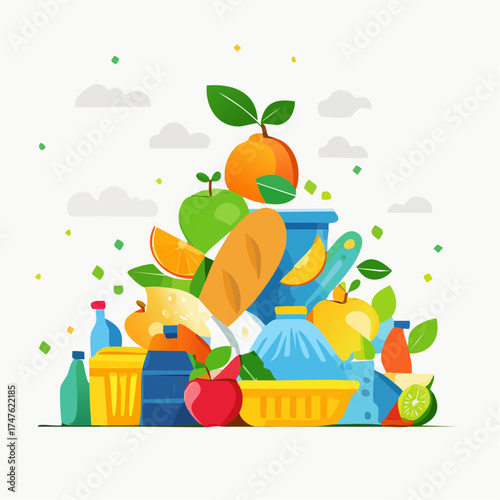 garbage pile with colorful plastic and food waste. Concept of pollution recycling