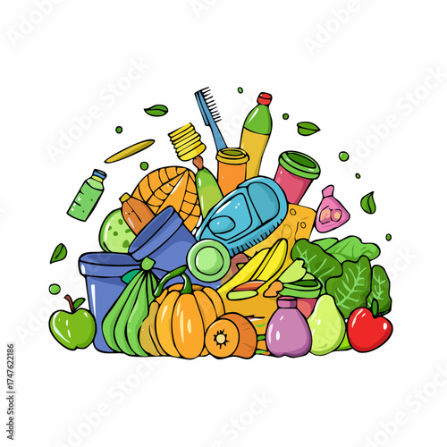 garbage pile with colorful plastic and food waste. Concept of pollution recycling