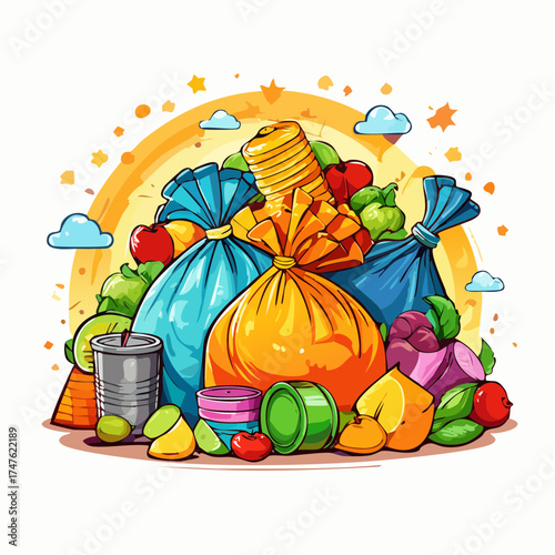 garbage pile with colorful plastic and food waste. Concept of pollution recycling