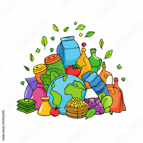 garbage pile with colorful plastic and food waste. Concept of pollution recycling