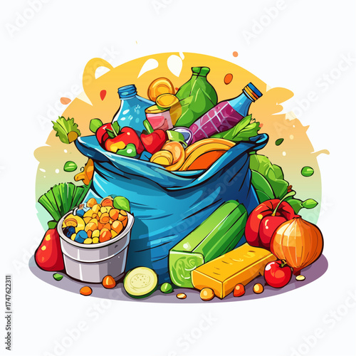 garbage pile with colorful plastic and food waste. Concept of pollution recycling