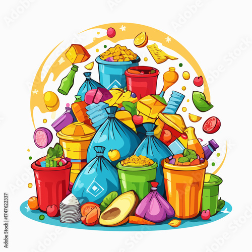 garbage pile with colorful plastic and food waste. Concept of pollution recycling