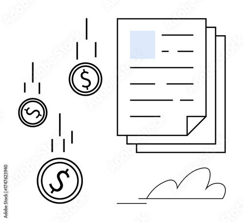 Falling currency coins beside layered documents. Ideal for finance, economy, income, budget, savings, investments, wealth. Represents simple flat metaphor for monetary processes