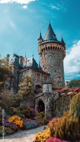 Wallpaper Mural Medieval stone castle with turrets and arched entry, framed by a colorful garden along a stone path Torontodigital.ca