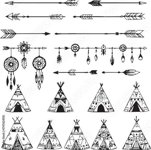 Native American-inspired vector set with arrows, dreamcatchers, teepees, and tribal motifs for cultural and decorative design