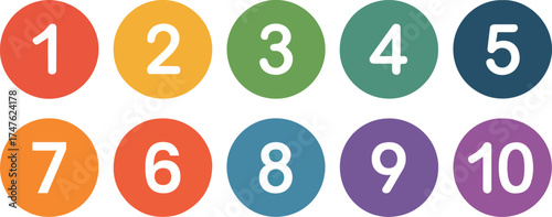Colorful number circles from 1 to 10, each with a different color and a clear, bold number in the center, perfect for educational or decorative purposes