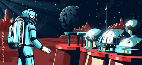 An astronaut in a spacesuit looks at a Martian colony. Space station on an alien planet. Retro vector illustration.