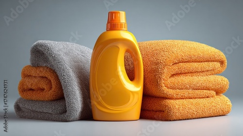 Cleanliness and Laundry Service Concept with Soft Towels and Detergent Bottle on Light Background for Domestic Cleaning or Hospitality Use