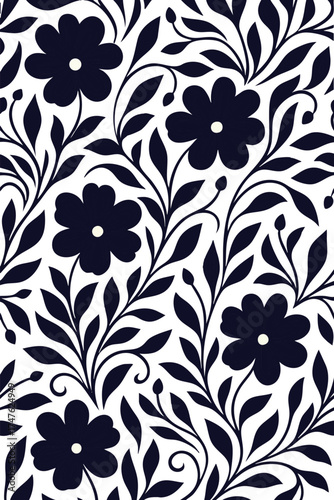 A striking, graphic seamless floral pattern featuring bold black silhouettes of flowers and swirling vines against a crisp white background. This elegant, high-contrast design is perfect for sophistic