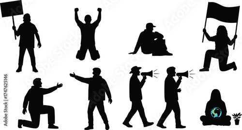 Activist Silhouettes Vector Set – Protest Figures with Signs, Flags, Megaphones, and Symbolic Gestures for Civic Engagement, Social Movements, and Public Expression Themes