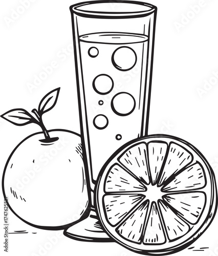 Black and white citrus drink vector with whole and sliced orange for refreshing beverage, health, and food-themed designs