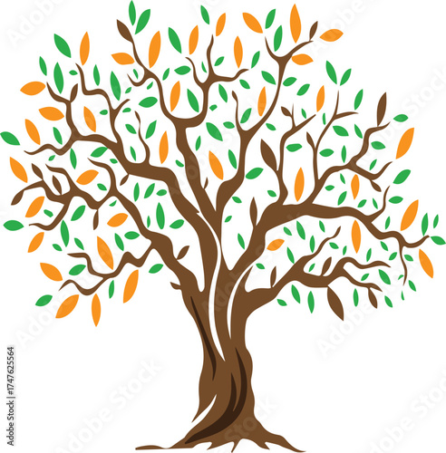 A stylized vector illustration of a green tree with leaves and a prominent trunk captures the essence of nature and growth across the spring and summer seasons