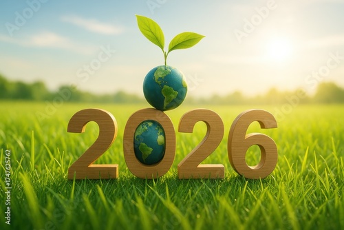 Green Earth Symbolizing Hope for 2026 with Growing Plant on Globe Amidst Lush Green Grass