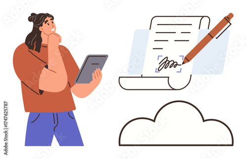 Thoughtful individual using a tablet while considering signing a digital document connected to cloud storage. Ideal for technology, e-signatures, decision-making, remote work, innovation, online