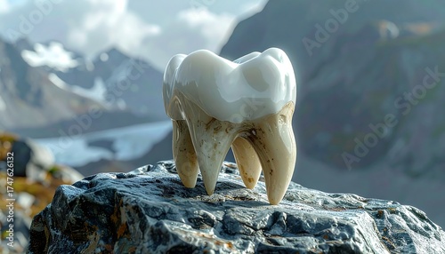Digital artwork of a molar atop a rock with a mountain backdrop