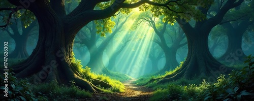 Enchanting Ancient Forest Dappled Sunlight and Deep Shadows Create a Mystical Atmosphere, Perfect for Fantasy, Fairytale, and Nature Projects. Lush Landscape Photography.