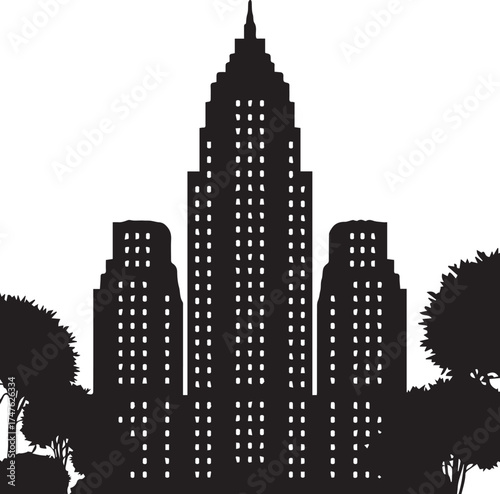Black silhouette of a tiered skyscraper with many windows surrounded by trees and foliage building