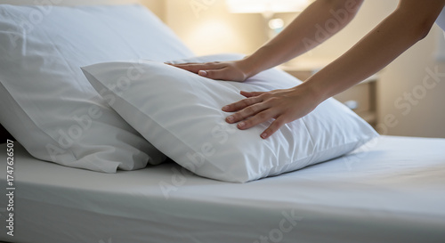 Nurse's Hands Gently Fluffing a Pillow in a Clean Hospital Room.