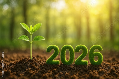 Green Plant Growth and Year 2026 Concept in Nature with Soft Light in Background