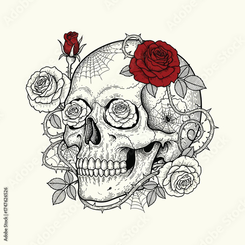 Skull with Roses and Thorns Illustration spiderweb spider web drawing vector vintage gothic tattoo floral skeleton death macabre
