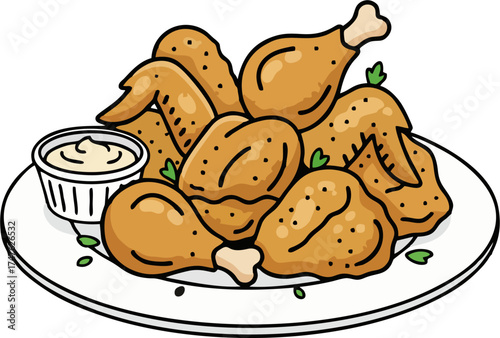 Fried Chicken Plate Vector – Crispy Drumsticks and Wings with Dipping Sauce, Flat Cartoon