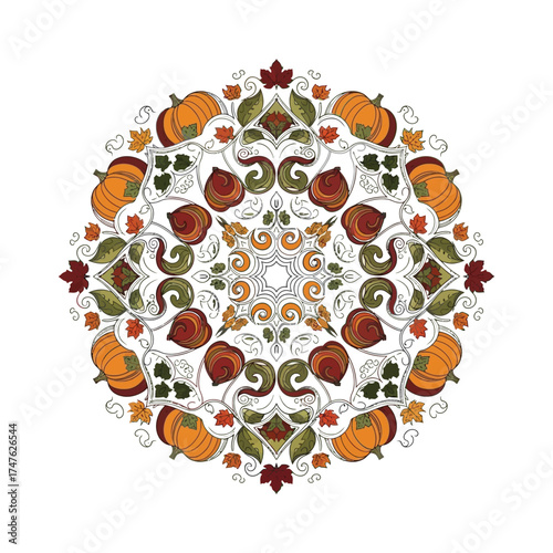 Autumnal Mandala with Pumpkins and Leaves fall decorative ornament pattern design floral seasonal holiday thanksgiving halloween round