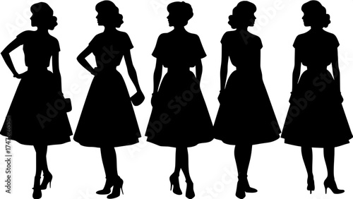 Retro Fashion Silhouettes

“Silhouetted female figures in vintage 1950s fashion — dresses, heels, and accessories — arranged in a grid-like composition on a white background. Black solid shapes, clean