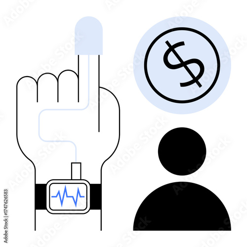 Hand with wearable health device, biometric scanner, dollar coin, and user profile. Ideal for technology, finance, innovation, biometric security, healthcare data analysis simple flat metaphor