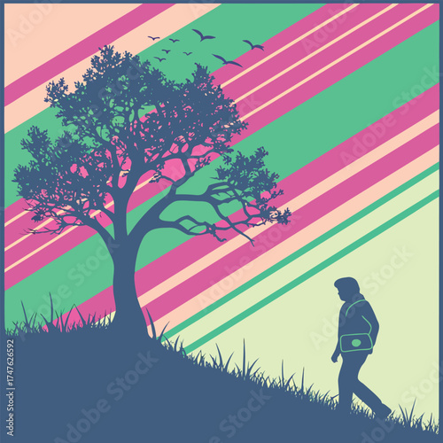 Silhouette Of Person Walking Past Tree Against Striped Background