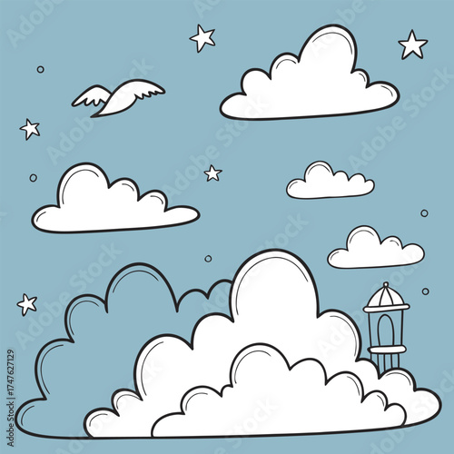 Whimsical Clouds and a Small Tower in a Blue Sky stars