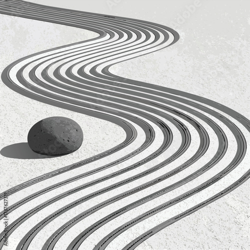 Zen Garden Raked Sand Waves and Single Stone rock meditation