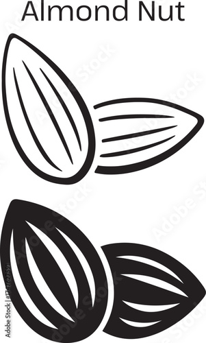Almond Nuts Outline and Solid Icon Pack Black Vector Symbols for Healthy Food Natural Ingredients Vegan Diet and Superfoods
