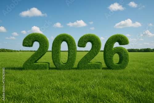 Grass Numbers Representing Year 2026 Against Clear Blue Sky in Green Field