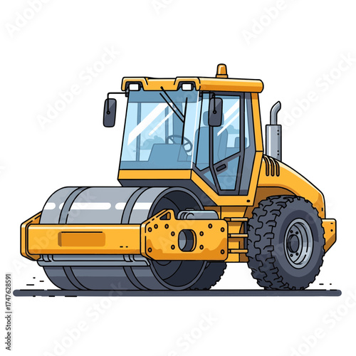 Vibrant yellow road roller compactor vehicle illustration for construction and roadwork concepts