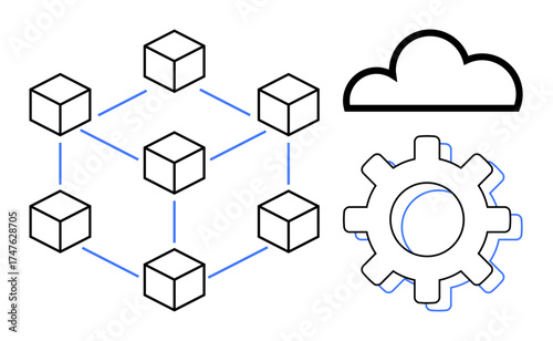 Interconnected blocks linked by lines next to a cloud and gear. Ideal for blockchain, cloud computing, technology, data management, innovation, digitalization, network. Simple flat metaphor