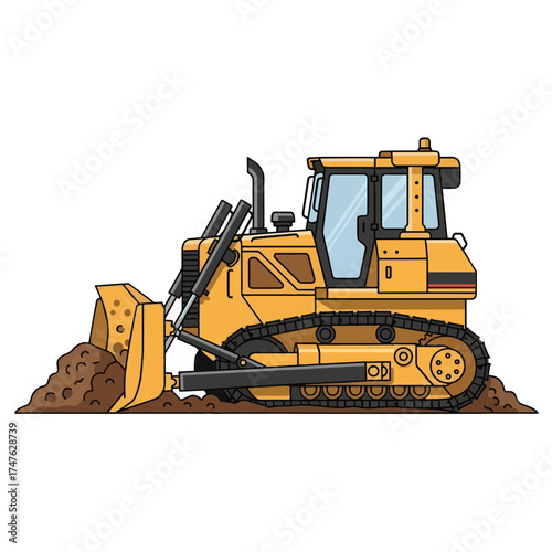 Illustration of a yellow bulldozer heavy machinery pushing a pile of dirt at a construction site