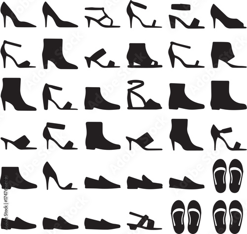 Collection of black silhouette footwear including high heels boots sandals and flip flops shoes