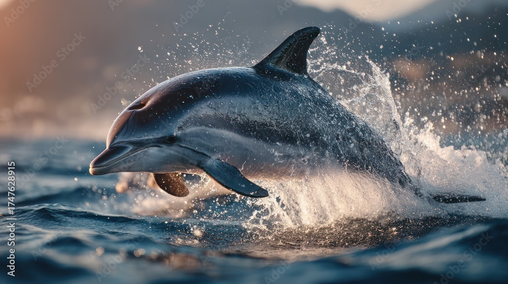 Fototapeta premium Dynamic high-speed dolphin jumping out of the water in the ocean with splash and spray under clear sky du daytime for marine wildlife and ocean adventure themes