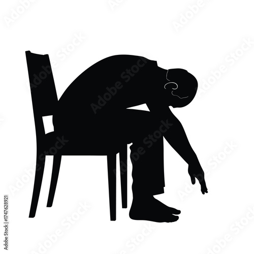 Vector art of silhouette of a man sitting in a chair with his head down, he is wearing pants and has his arm extended