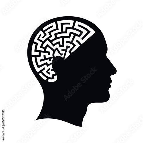 Vector art of silhouette of a head with maze inside, , representing complex thought process and problem solving
