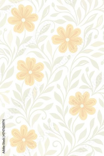 A soft, delicate seamless floral pattern featuring pale yellow flowers and elegant vine leaves in subtle cream and beige tones on a light background. This minimalist, charming design
