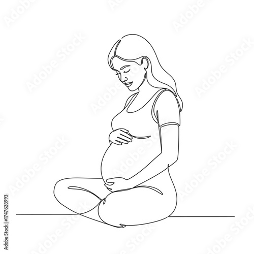 Vector art of pregnant woman in lotus position one line drawing of a serene pregnant woman meditating, embracing her belly