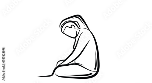Vector art of minimalist line art illustration of a person stretching neck, , promoting flexibility and relaxation