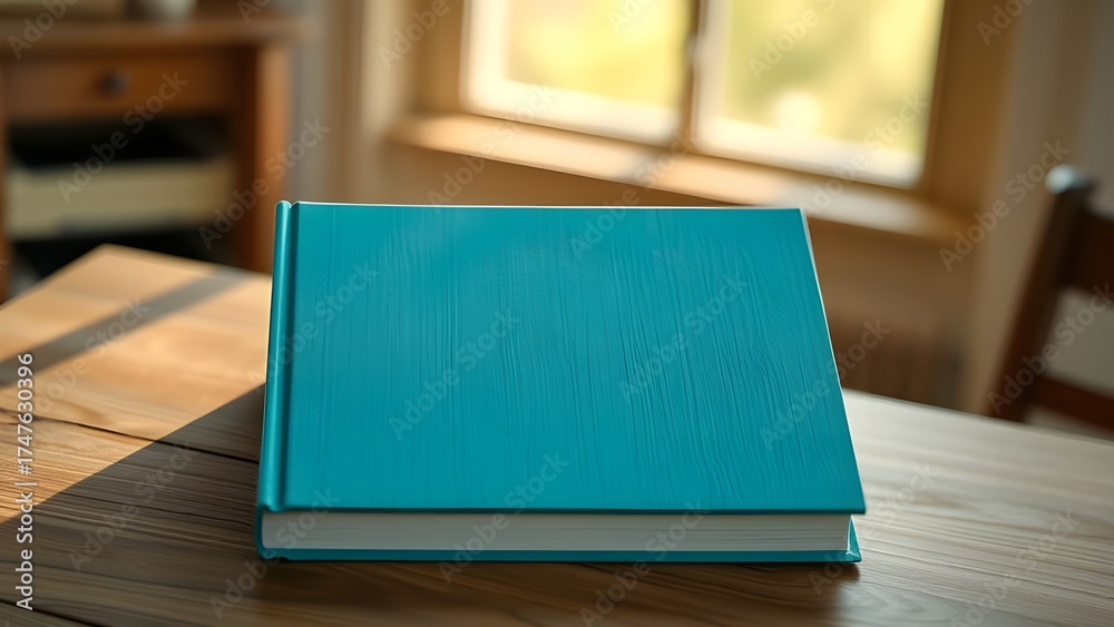 Fototapeta premium a closed turquoise book with a blank cover on a table
