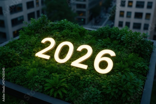 Illuminated Numbers 2026 Surrounded by Lush Greenery on Rooftop Garden in Cityscape