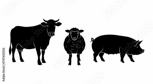 Black silhouettes of three farm animals, a cow, a sheep, and a pig, isolated on a white background.