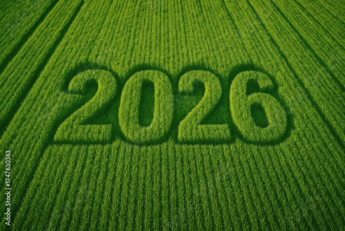 Green Rice Field with Large Number 2026 Carved in Fresh Crops Under Bright Blue Sky