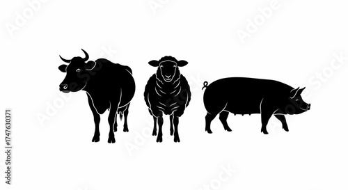 A set of three farm animal silhouettes, a cow, a sheep, and a pig, isolated on a white background.